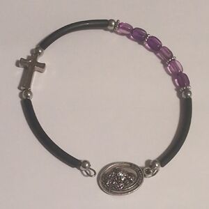 Purple and Silver Beaded Bracelet with Cross‎ Charm